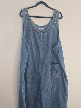 Vintage 90s Plus Size Denim Embroidery Floral Maxi Dress